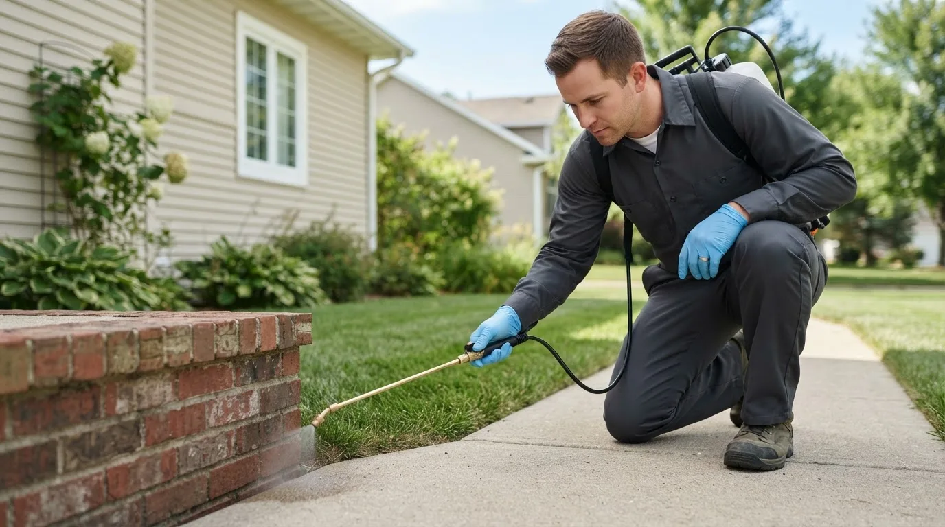 Pest control technician treating a home near Taneyville, MO