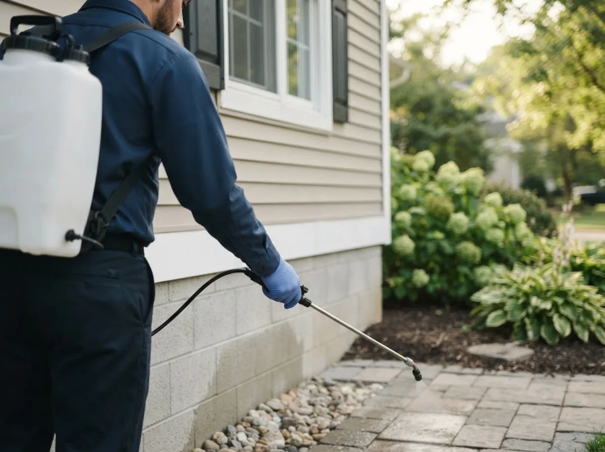 Pest control technician inspecting a home in Taneyville, MO